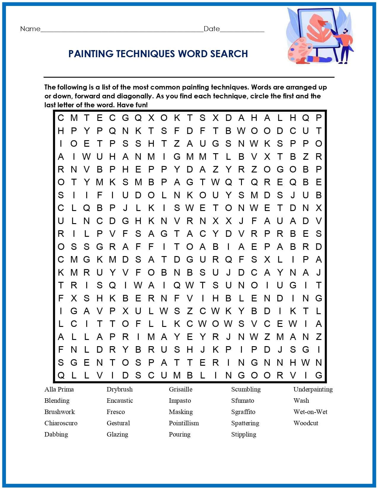 Painting Techniques Word Search Puzzlesbay Painting Techniques Word Search Puzzlesbay